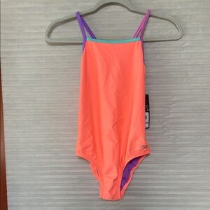 NWT size 12 kids Speedo Neon Orange Swimsuit with Purple Straps